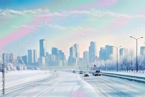 Frosty City Streets and Snowy Skyline Cozy Urban Scene in Winter