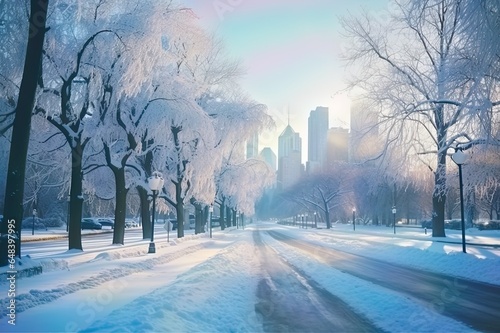 Frosty City Streets and Snowy Skyline Cozy Urban Scene in Winter