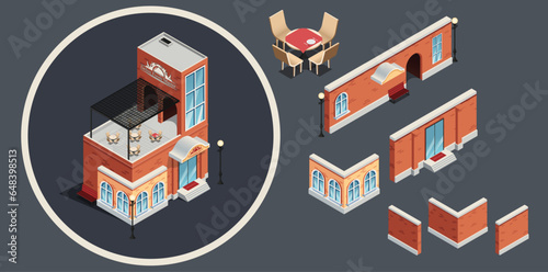 3D Isometric fancy Restaurant building vector. Small fine dine food center with a top view. Building elements like Glass windows, door, brick walls dining table all editable eps file. Best for game ui