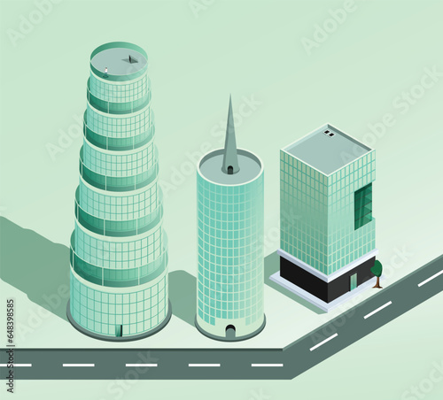 3D isometric buildings in green color best to design clean energy posters. set of buildings. round tall skyscrapers and office buildings with glass windows. Top view on location. city street.