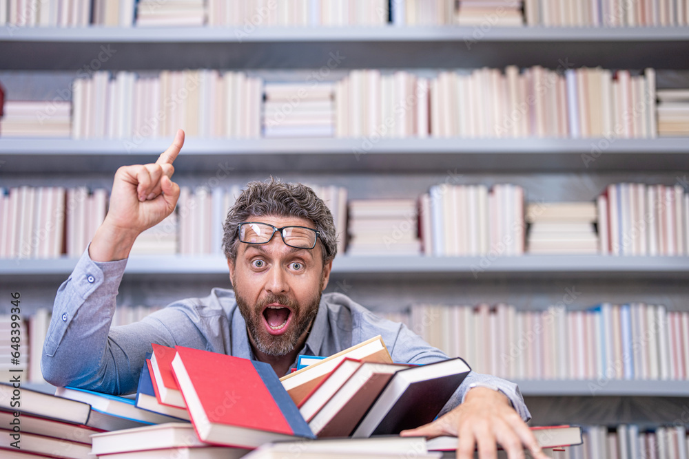 bookworm nerd in school library. university professor learning and ...