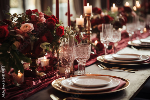 close up of wedding reception table setting with flower arrangements, aesthetic look