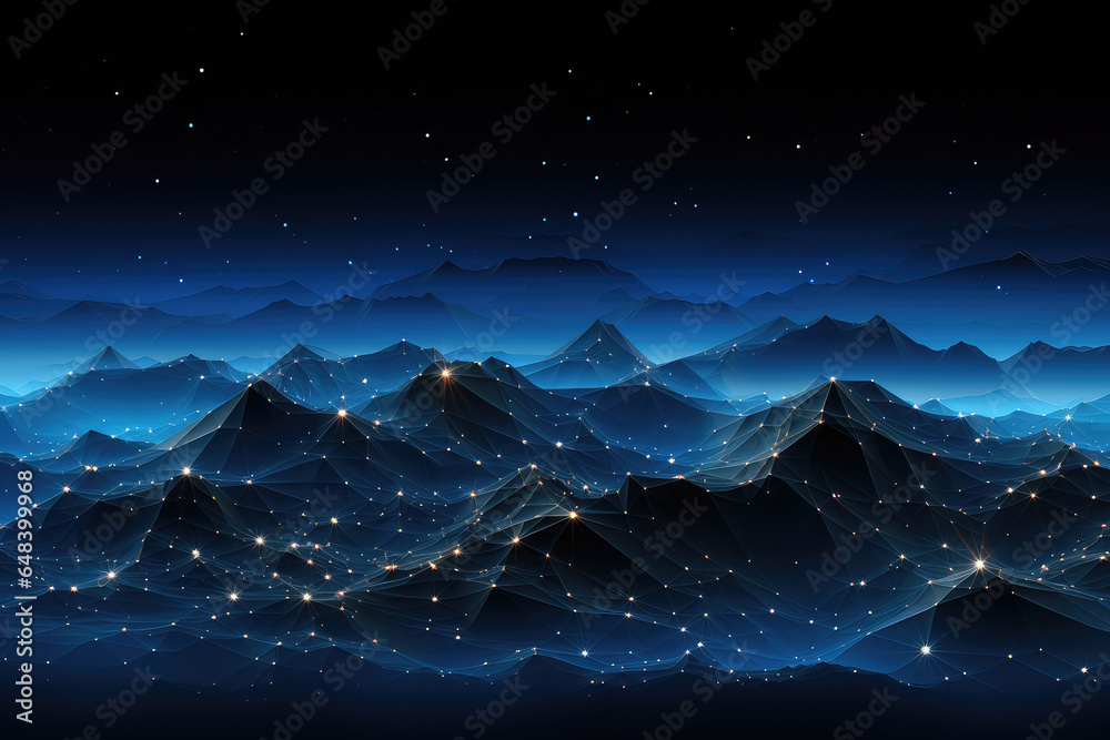 Abstract geometric background, virtual reality environment, cyber space landscape with mountains. Mesh surface glowing with neon light. 3D Topographic Map Background Concept. Geography Concept.