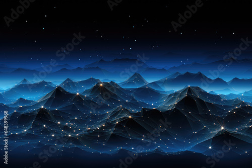 Abstract geometric background, virtual reality environment, cyber space landscape with mountains. Mesh surface glowing with neon light. 3D Topographic Map Background Concept. Geography Concept.