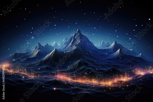 Abstract geometric background, virtual reality environment, cyber space landscape with mountains. Mesh surface glowing with neon light. 3D Topographic Map Background Concept. Geography Concept.