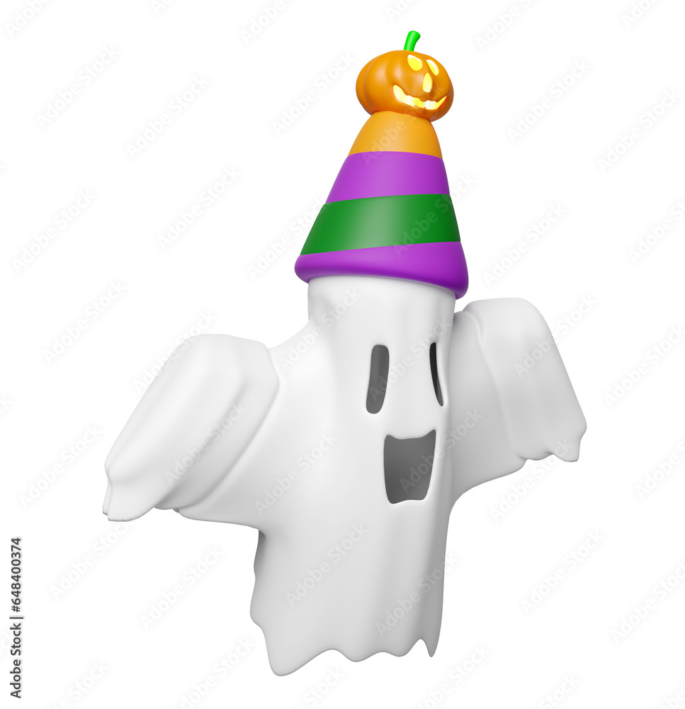 3d halloween holiday party with cute ghost flying, pumpkin, conical hat isolated. holiday party, 3d render illustration 3d halloween holiday party with cute ghost flying, pumpkin, conical hat isolated. holiday party, 3d render illustration