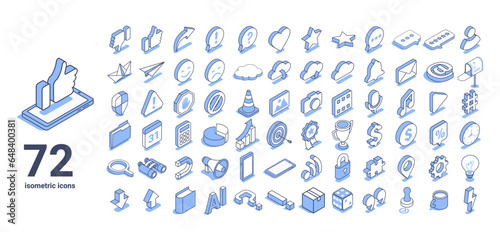 isometric vector illustration on a white background, a large set of icons on the theme of social networks and business, text bubbles with likes and emoticons