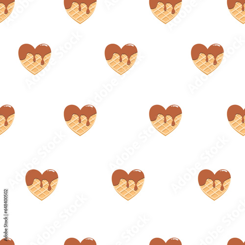 Waffle in the shape of a heart with chocolate glaze on white background. Seamless pattern. Texture for fabric, wrapping, wallpaper. Decorative print. 