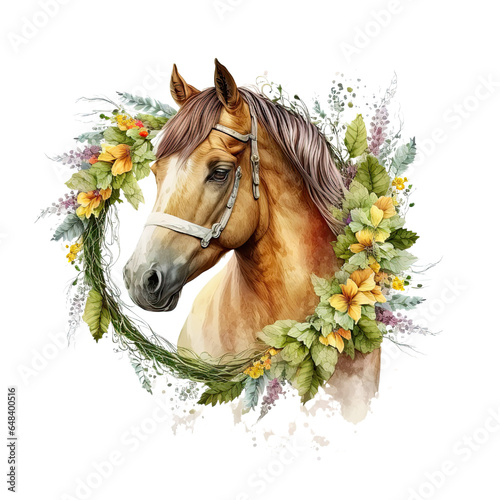 Horse in wreath flowers on head watercolor illustration photo