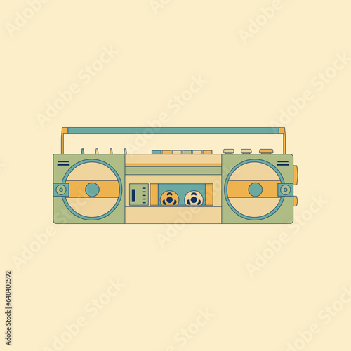 Retro boombox portable stereo mint green radio cassette recorder from 80s front yellow background. Vintage old style vector illustration