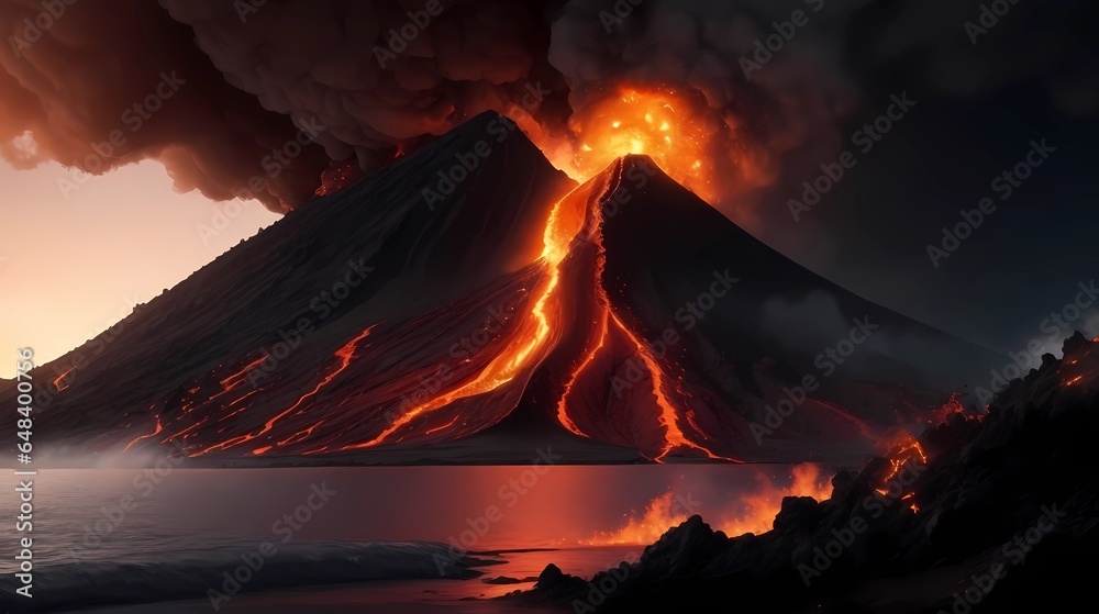 Volcanic eruption with fiery red melting lava, generative Ai  - obrazy, fototapety, plakaty 