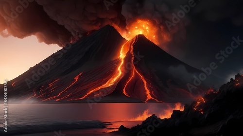 Volcanic eruption with fiery red melting lava, generative Ai 