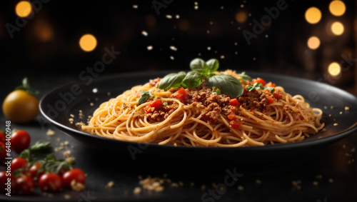 Hot spaghetti pasta with tomato sauce, parmesan and basil leaves in black plate on dark background.Italian dish.