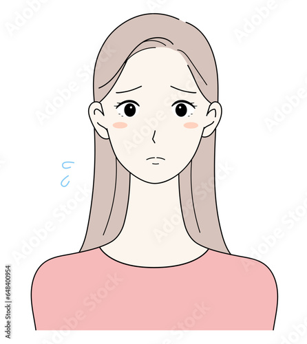 困っている顔のロングヘア女性の正面イラスト