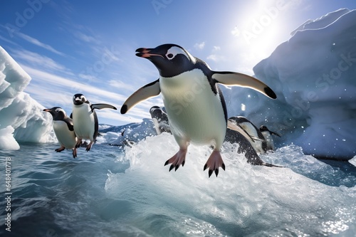 Group of Penguins on an Icy Shoreline  Captured in a Moment of Arctic Unity