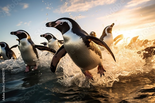 Group of Penguins on an Icy Shoreline  Captured in a Moment of Arctic Unity