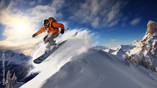 Authentic Winter Sports Moment Photographed with Skiers Gliding Down a Pristine Mountain Slope