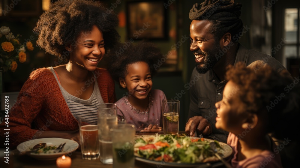 a group of people sitting around a table with a plate of food, realism, dark-skinned, happy family, pub