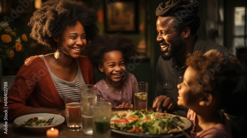 a group of people sitting around a table with a plate of food, realism, dark-skinned, happy family, pub