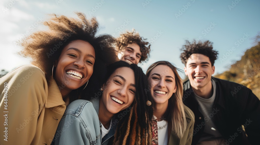 Multiracial best friends having fun outside, group of young people smiling at camera outdoors. friendship concept. generative AI