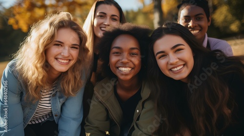 Multiracial best friends having fun outside, group of young people smiling at camera outdoors. friendship concept. generative AI