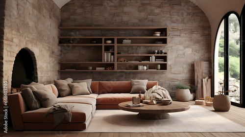 Terra Cotta Sofa Against Stone Cladding Wall with TV - Farmhouse Interior Design in Modern Living Room with Arched Fitted Shelf