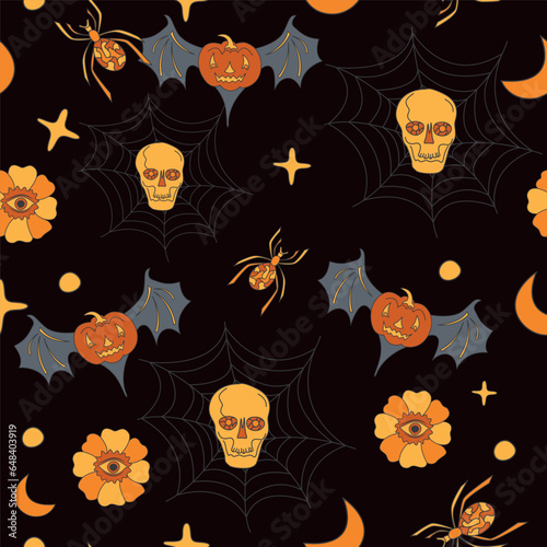 Happy Halloween. Pattern pumpkins, skulls, spiders, ghosts  Halloween concept. Halloween background design.