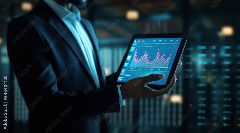 Businessman holding tablets in hand and showing graph Businessman holding tablets in hand and showing graph