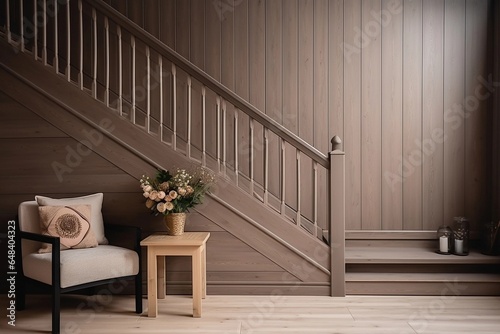 Wooden staircase and lining paneling wall in minimalist style hallway. Interior design of modern rustic entrance photo