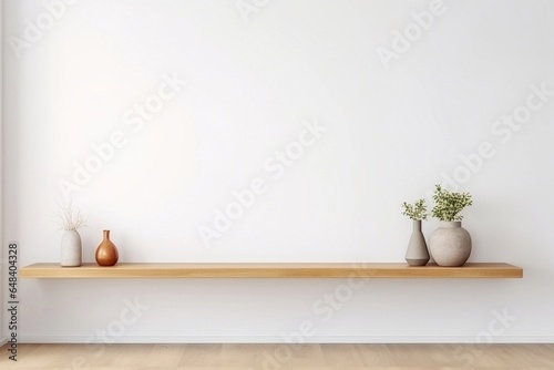 Wood floating shelf on white wall with wooden floor. Modern interior photo