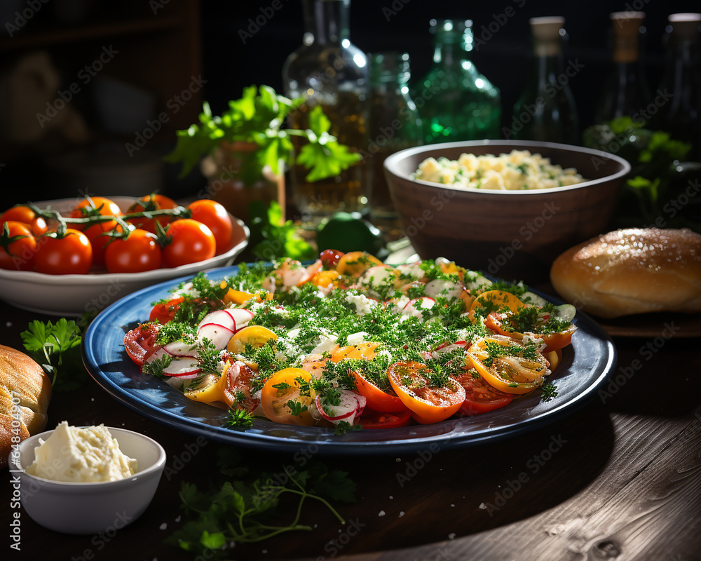 Delicious vegetable salad with tomatoes, cucumbers, peppers, radishes and cheese