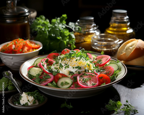 Delicious vegetable salad with tomatoes, cucumbers, peppers, radishes and cheese