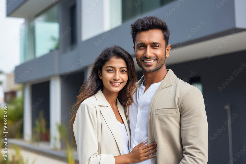 Obraz premium Young indian couple standing together in front of new home