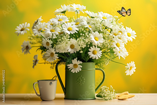 Chamomile flowers bouquet in yellow watering can and butterfly on table in garden, green natural abstract background, rustic floral composition, summer season
