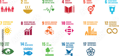 Sustainable Development Goals icons in English  with inverse  color