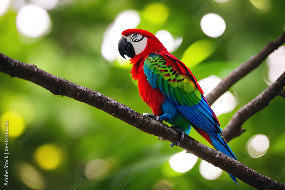 View of a beautiful colourful parrot bird on a tree branch in green nature.