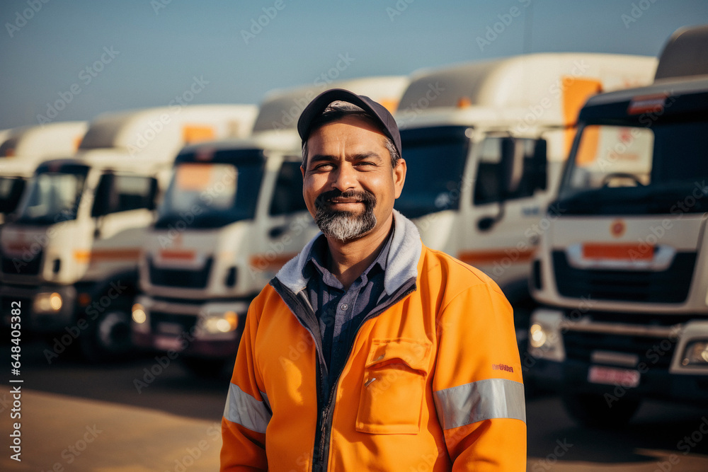 indian male driver standing in front of truck. indian male driver standing in front of truck.