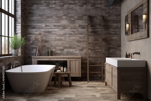 modern farmhouse bathroom with stone and wooden elements