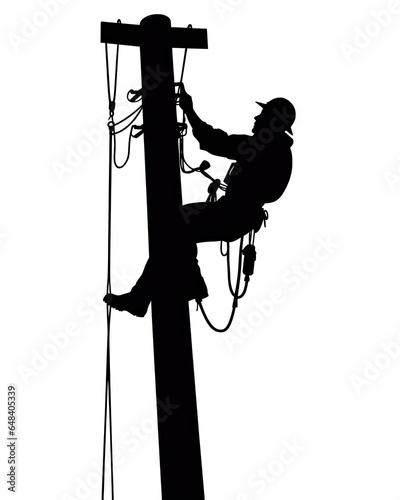 Silhouette of a Electrical Power Lineman Climbing an Electrical Power Pole on a White Background, Generative AI