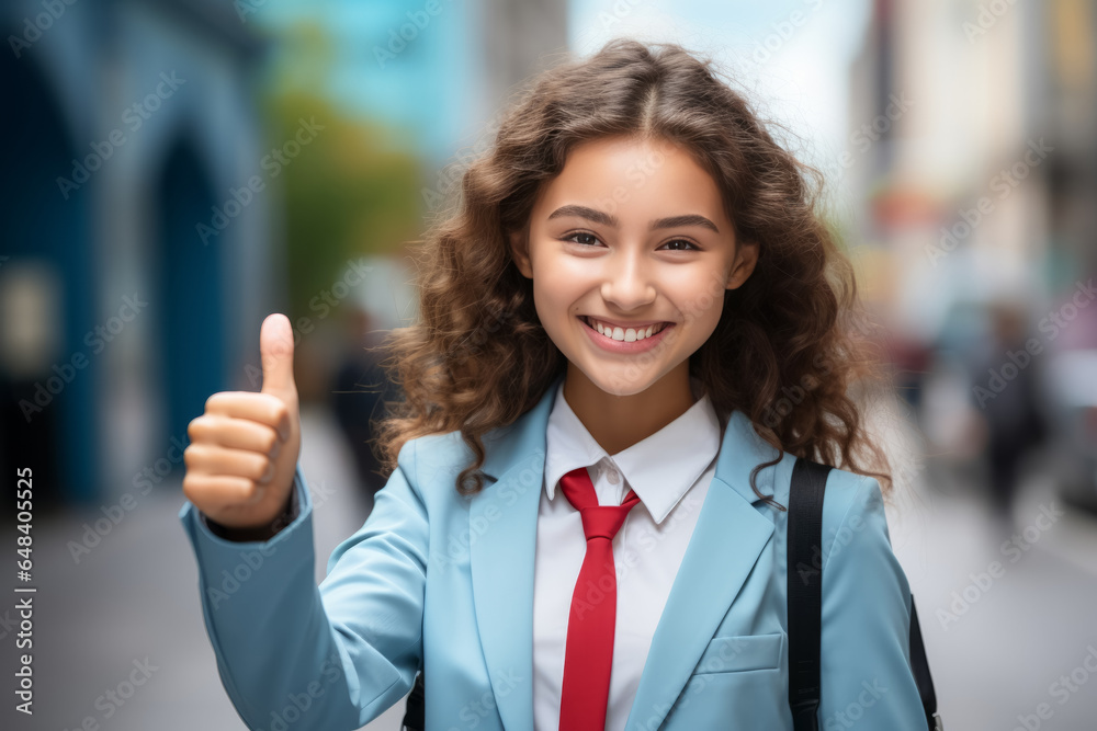 smiling schoolgirl show thumb up finger in schoolyard. Back to school