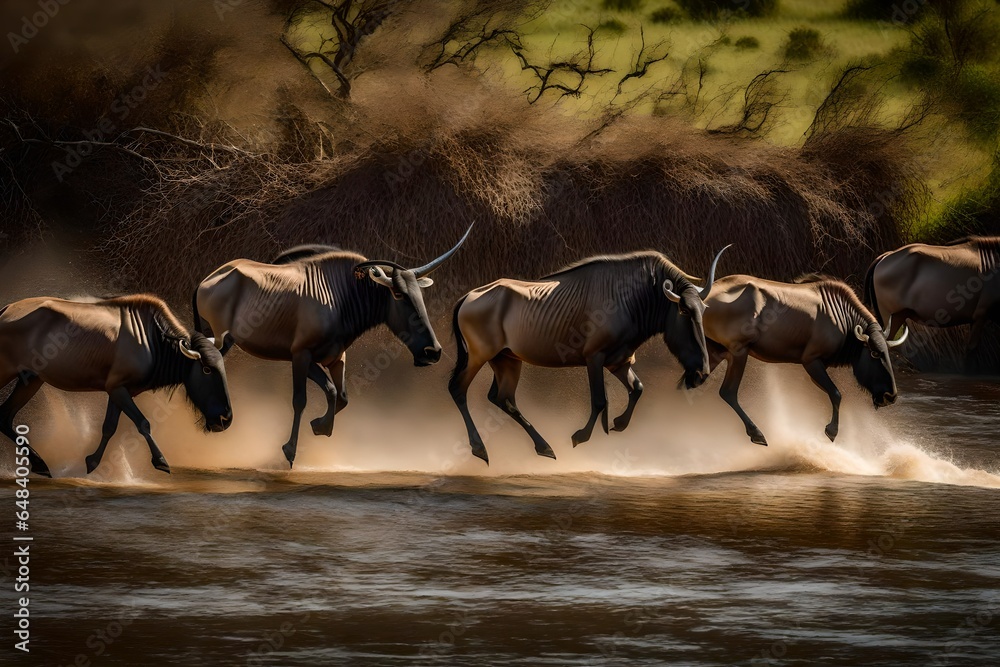 wildebeest in the serengeti national park city - obrazy, fototapety, plakaty 