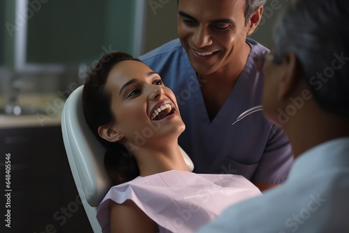 Dentist examining female patient teeth at hospital