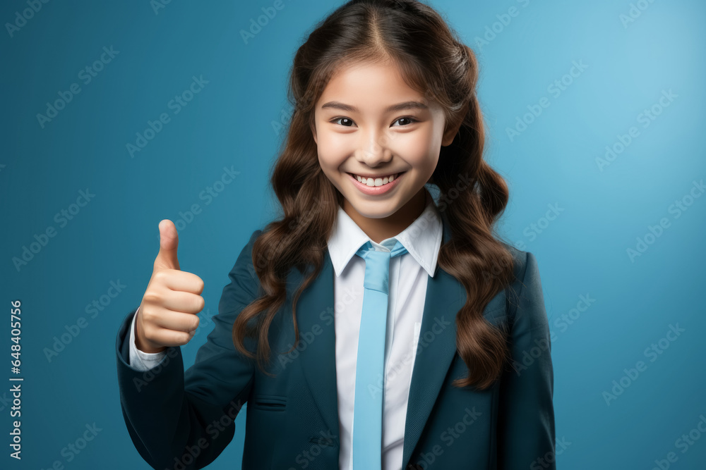 smiling asian schoolgirl show thumb up finger ion blue background. Back to school smiling asian schoolgirl show thumb up finger ion blue background. Back to school