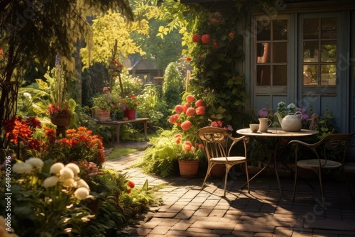 Beautiful summer garden with table and chairs. Sunny day in autumn. © Chayan