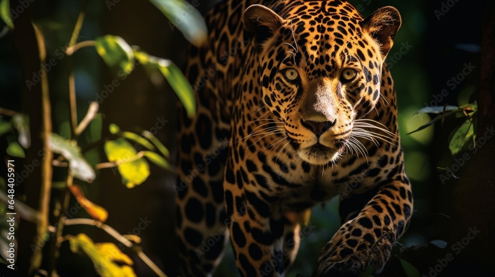 a prowling jaguar in a Central American rainforest, its spotted coat blending with the shadows