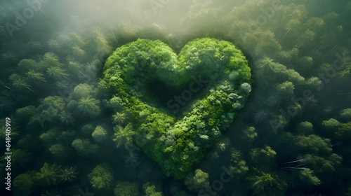 Shape of heart in middle of forest with a view from above. Concept of nature protection  cleanliness  breathing and natural reduction of CO2 