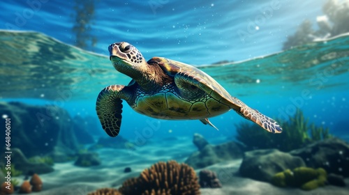 a sea turtle gracefully swimming in crystal-clear ocean waters, its ancient lineage and grace in motion © Ishtiaaq