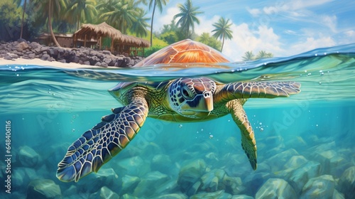 Fotografie, Tablou a sea turtle gracefully swimming in crystal-clear ocean waters, its ancient line