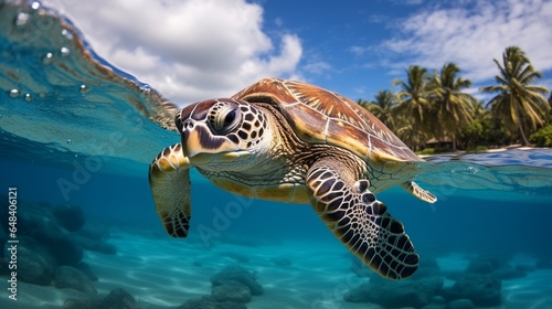 Tablou canvas a sea turtle gracefully swimming in crystal-clear ocean waters, its ancient line