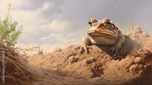 a spadefoot toad emerging from its burrow after a desert rain, symbolizing the resilience of amphibians in arid environments